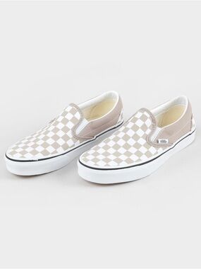 Vans Beige and White Checkerboard Slip-On Sneakers